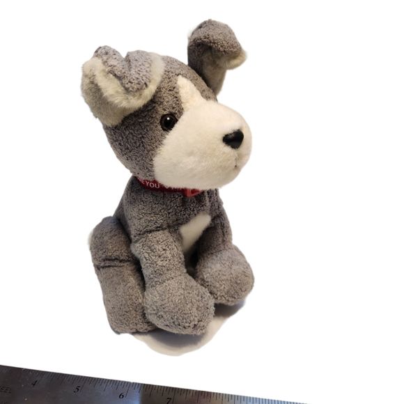 Schnauzer Gray and White Dog Stuffed Animal Plush with 'I Love You' collar 8" - Picture 2 of 7